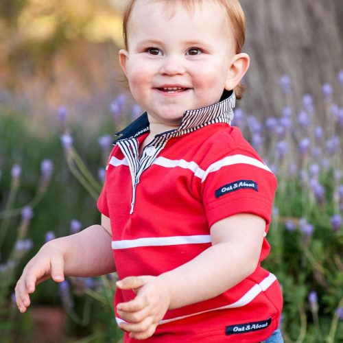 Red & white stripe kids rugby - navy trim