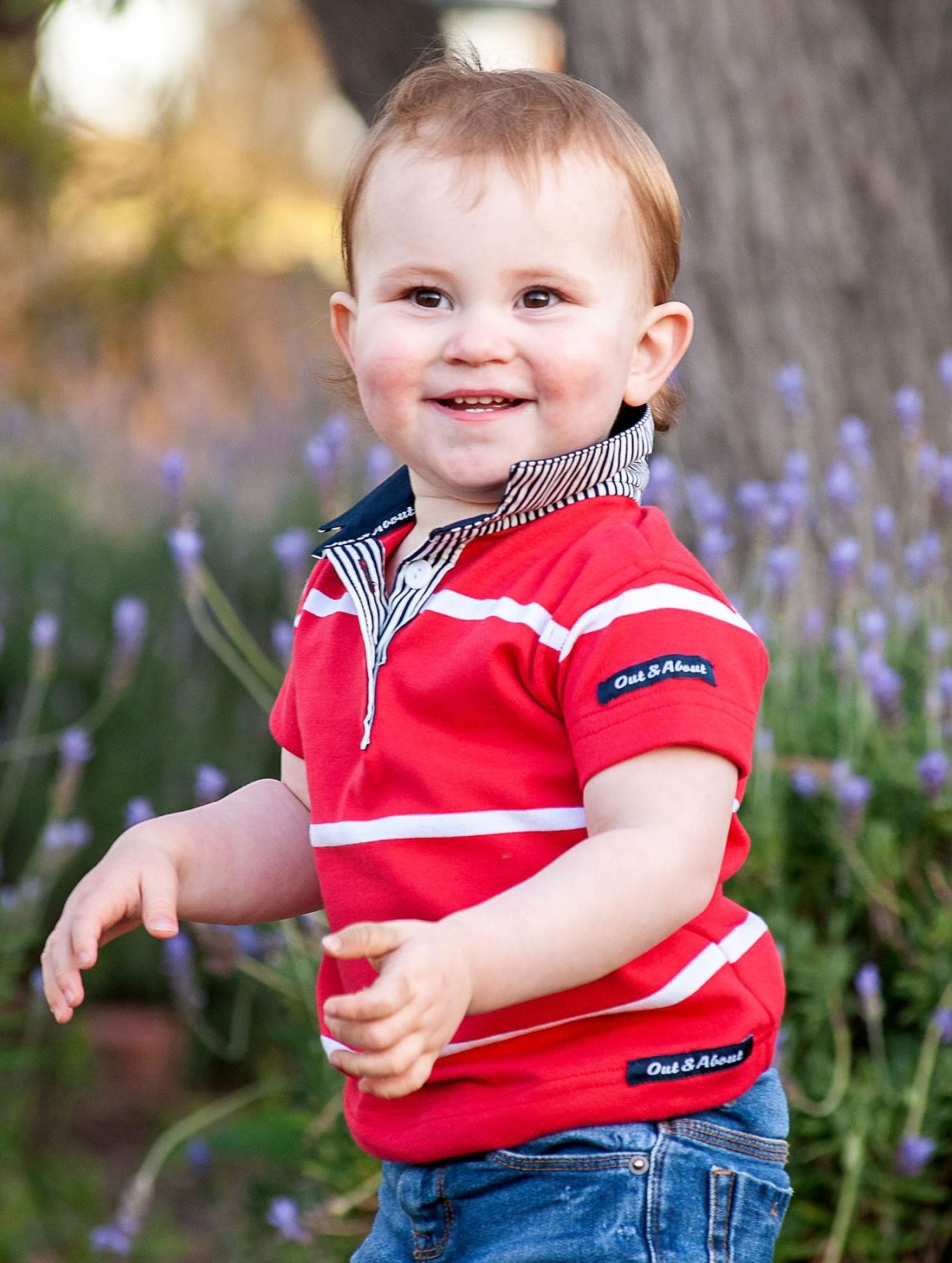 Red & white stripe kids rugby - navy trim