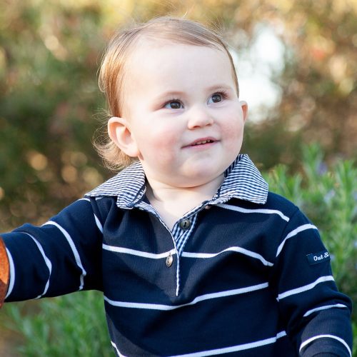 Navy & white stripe kids rugby - Gingham trim
