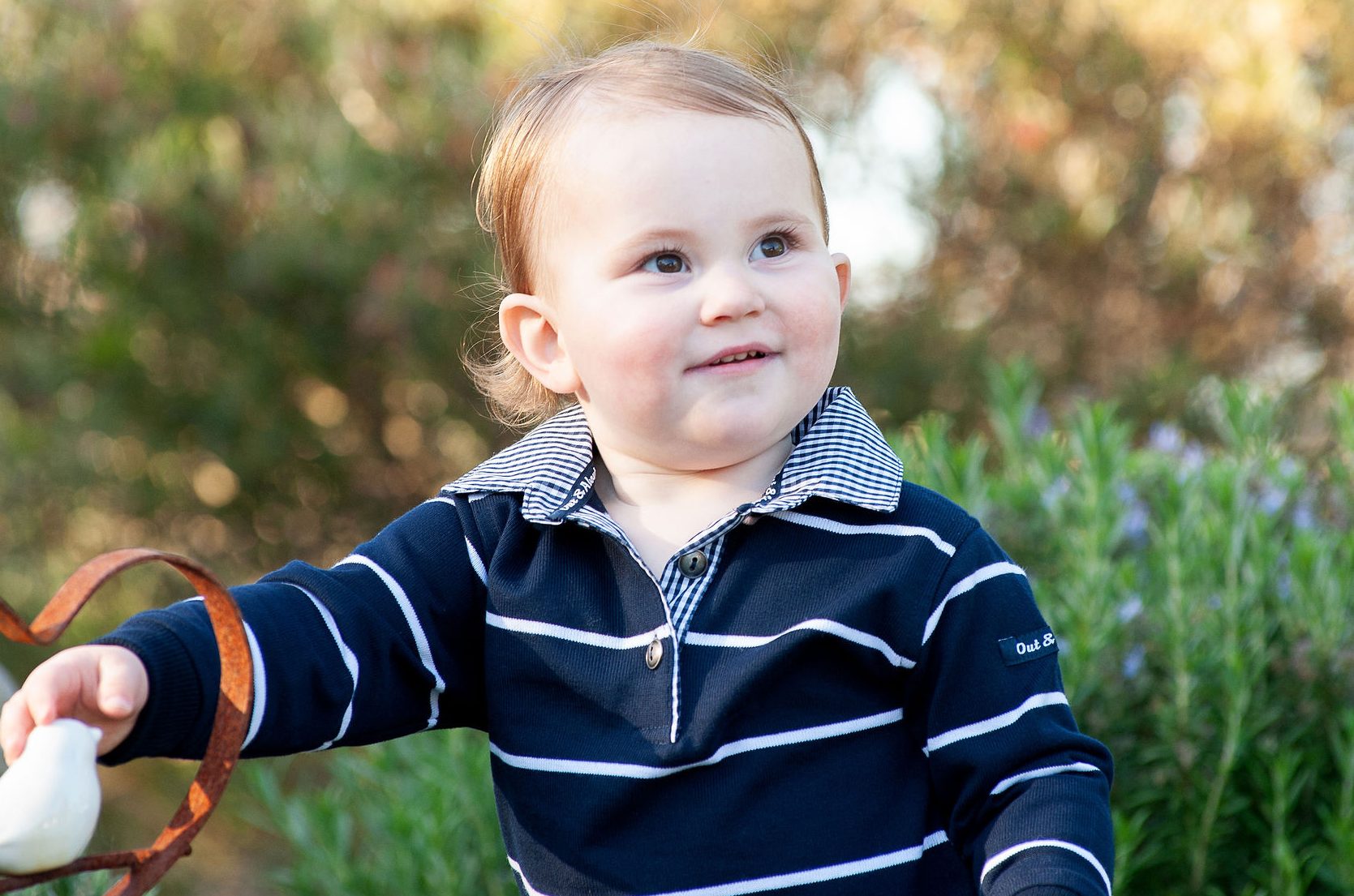 Navy & white stripe kids rugby - Gingham trim
