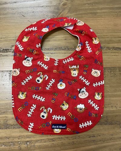 Woof, Moo red baby bib
