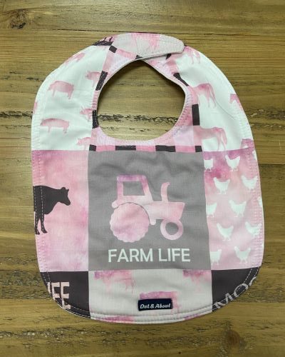Pink farm life baby bib